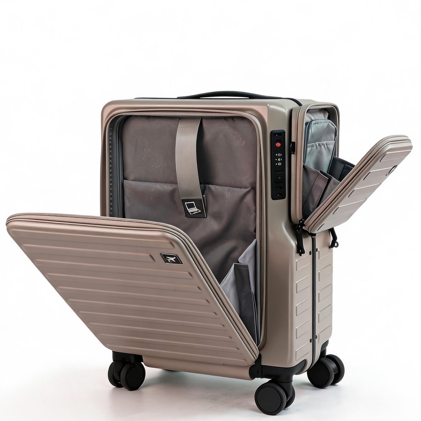 Carry On Luggage 20 Hardside Spinner Suitcase with Laptop Compartment, Front Open Design, Detachable Side Bag & Cup Holder, TSA Lock Business Travel Gear - Khaki