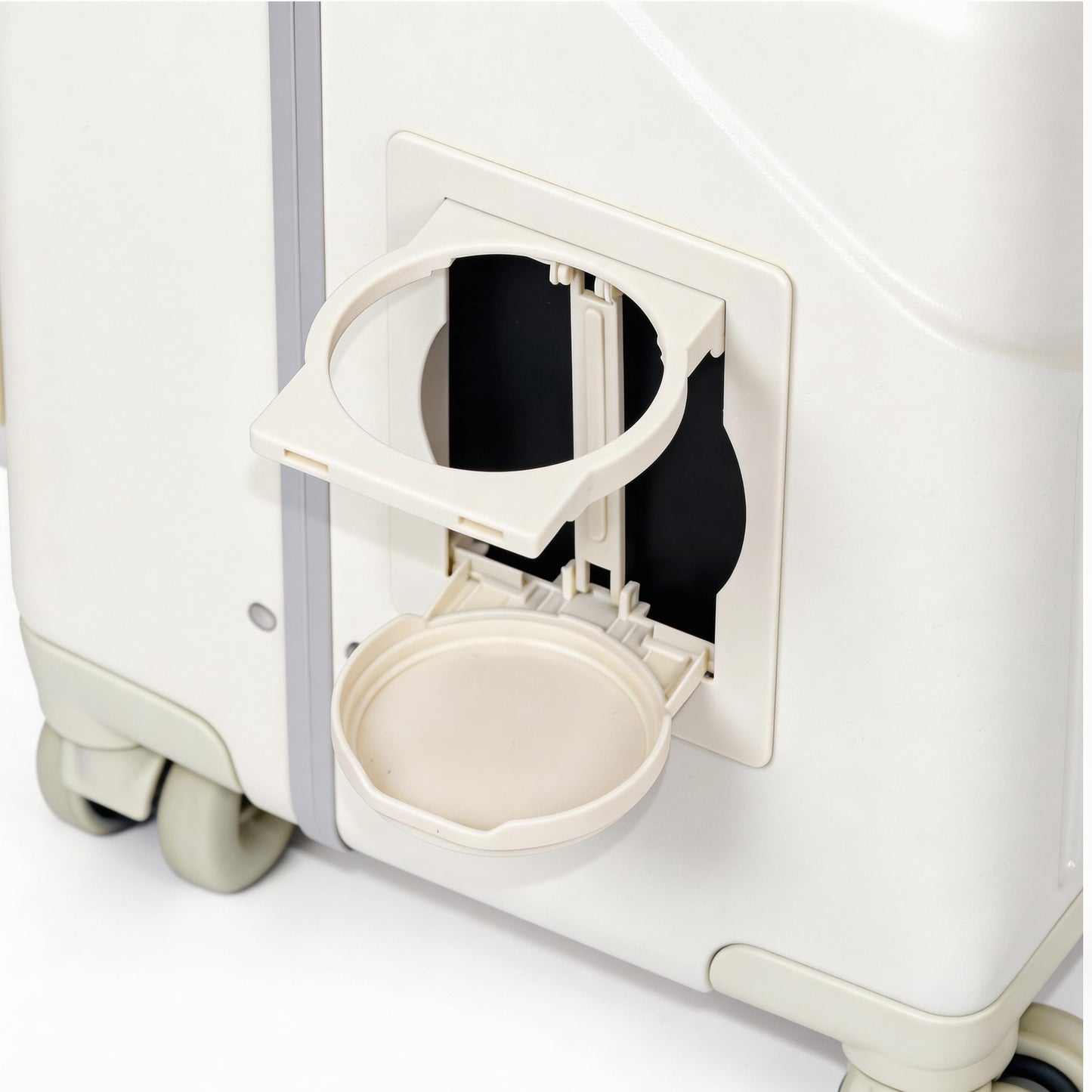 20" Ride On Carry On Luggage for Kids with Seat & Safety Belt, Hardside Spinner Stroller Suitcase with Front Opening, Cup Holder & Phone Stand, TSA Approved, Off-White