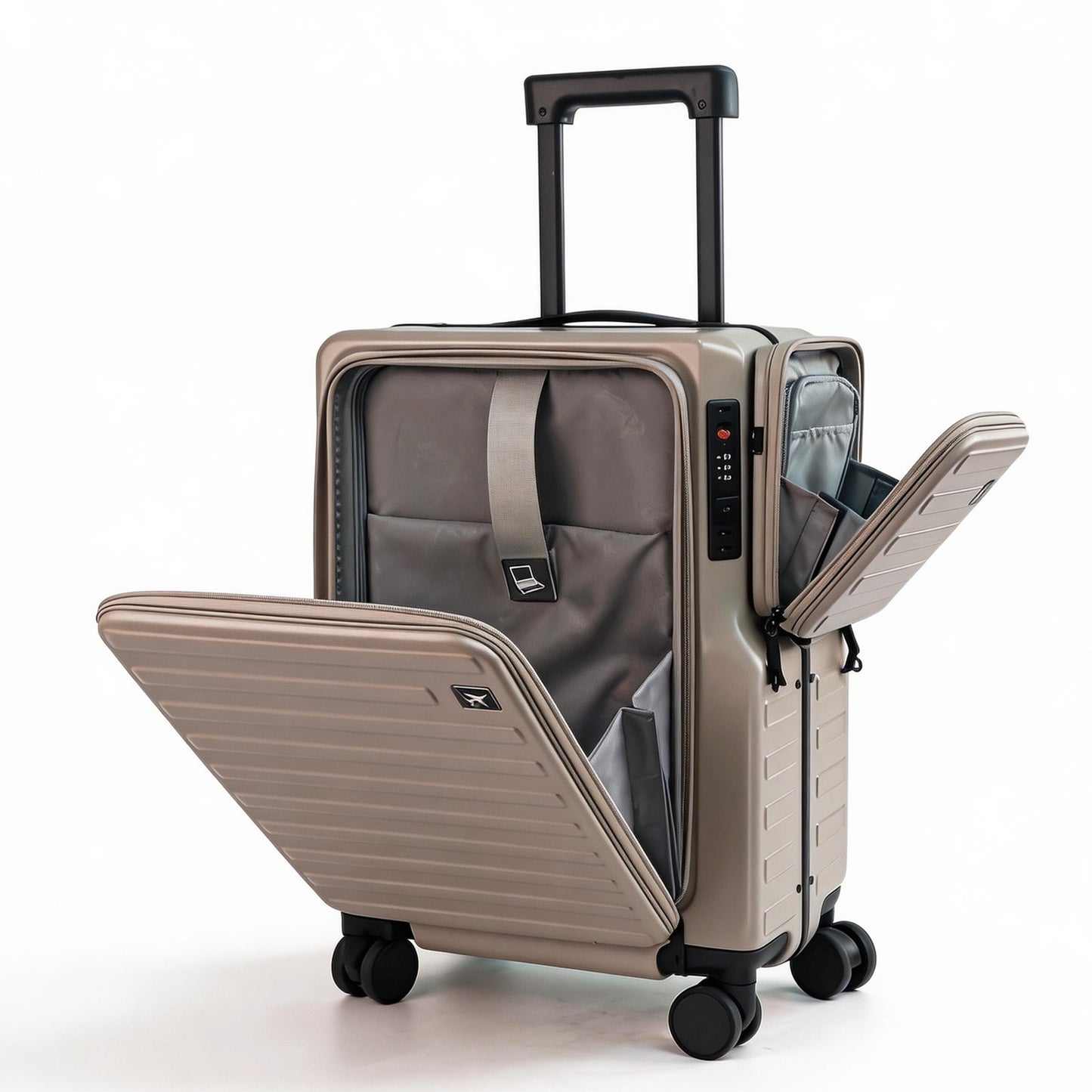 Carry On Luggage 20 Hardside Spinner Suitcase with Laptop Compartment, Front Open Design, Detachable Side Bag & Cup Holder, TSA Lock Business Travel Gear - Khaki