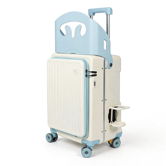 20" Carry On Ride-On Luggage for Toddlers, Hardside Stroller Suitcase with Front Pocket & Safety Belt, Brake Spinner Wheels, Cup Holder, White & Sky Blue