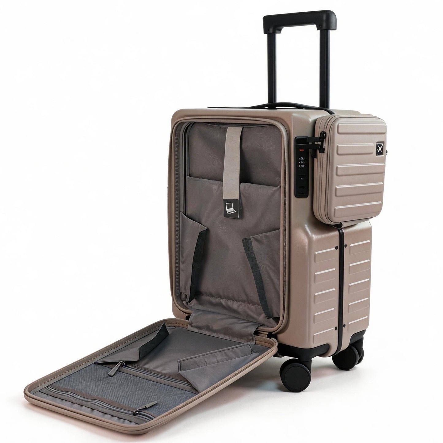 Carry On Luggage 20 Hardside Spinner Suitcase with Laptop Compartment, Front Open Design, Detachable Side Bag & Cup Holder, TSA Lock Business Travel Gear - Khaki
