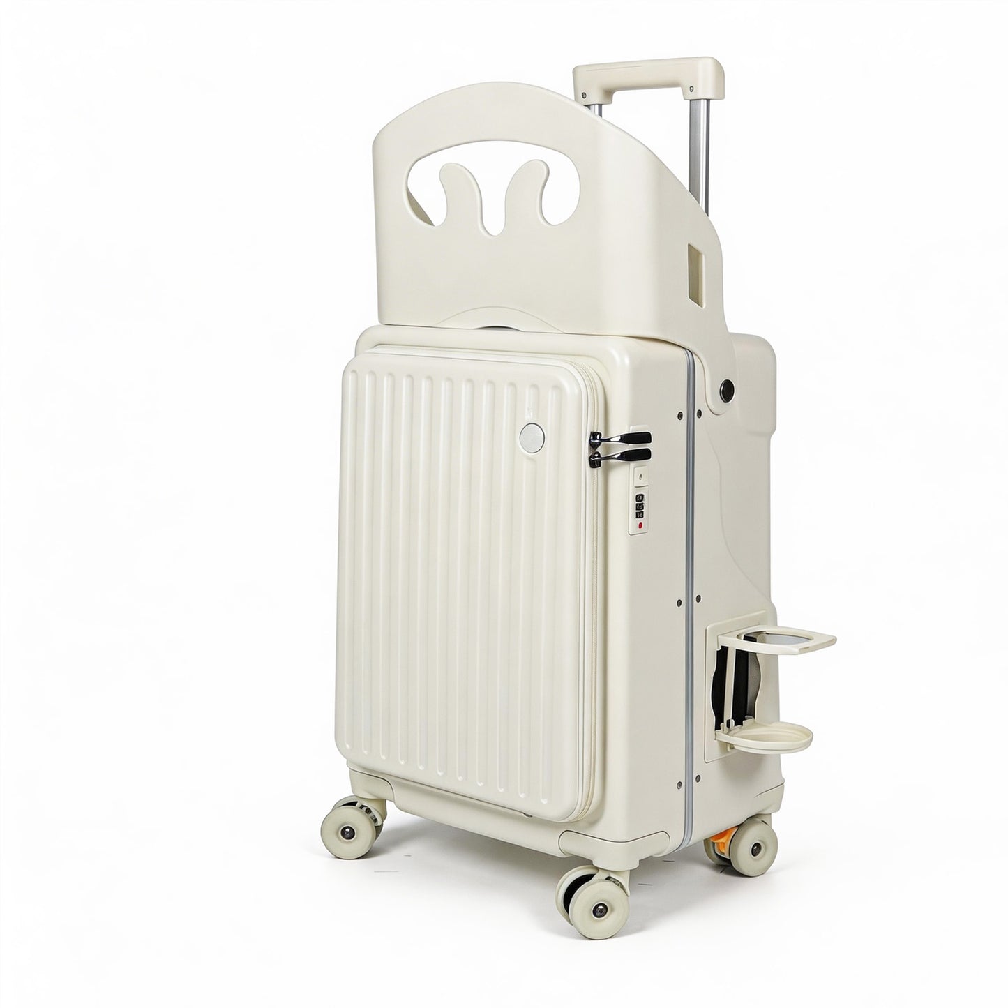 20" Ride On Carry On Luggage for Kids with Seat & Safety Belt, Hardside Spinner Stroller Suitcase with Front Opening, Cup Holder & Phone Stand, TSA Approved, Off-White