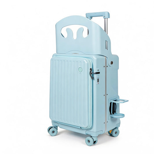 20" Carry On Luggage with Seat for Kids, Ride On Suitcase with Shockproof Spinner Wheels & Brakes, TSA Lock Hardshell Travel Case with Front Opening for Easy Access,Blue