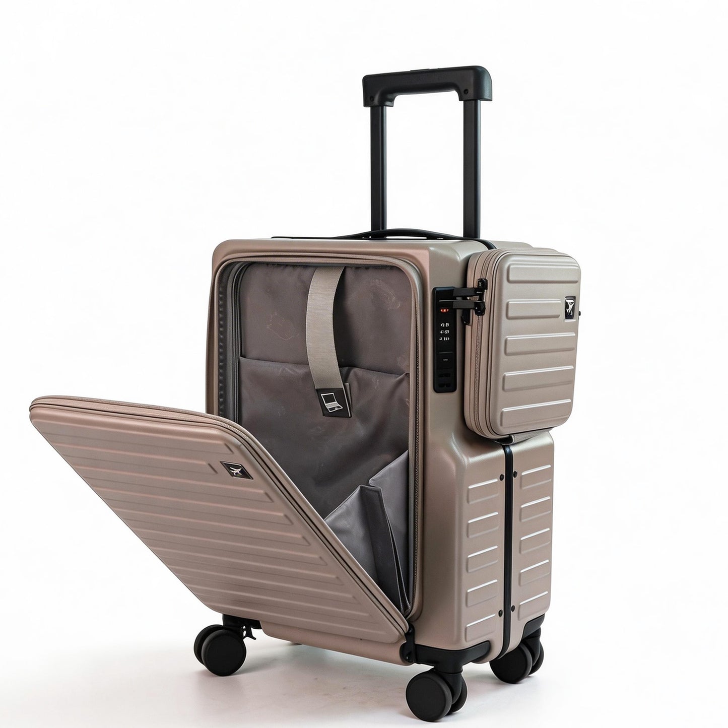 Carry On Luggage 20 Hardside Spinner Suitcase with Laptop Compartment, Front Open Design, Detachable Side Bag & Cup Holder, TSA Lock Business Travel Gear - Khaki