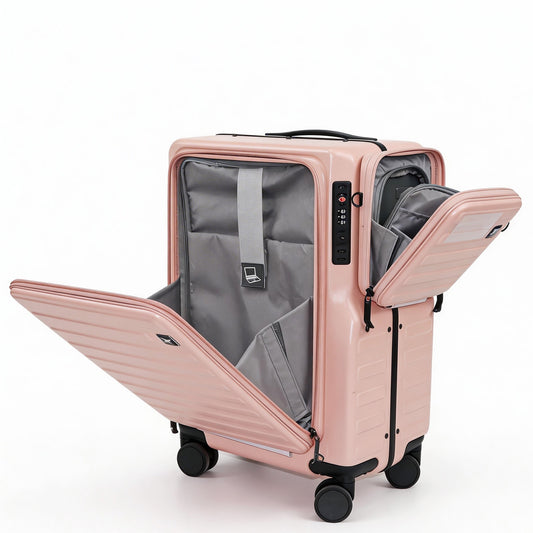 20" Hardshell Carry On Suitcase with Front Laptop Sleeve, Spinner Luggage with Removable Purse & Bottle Holder, TSA Lock, Fashionable Travel Bag for Women - Pink