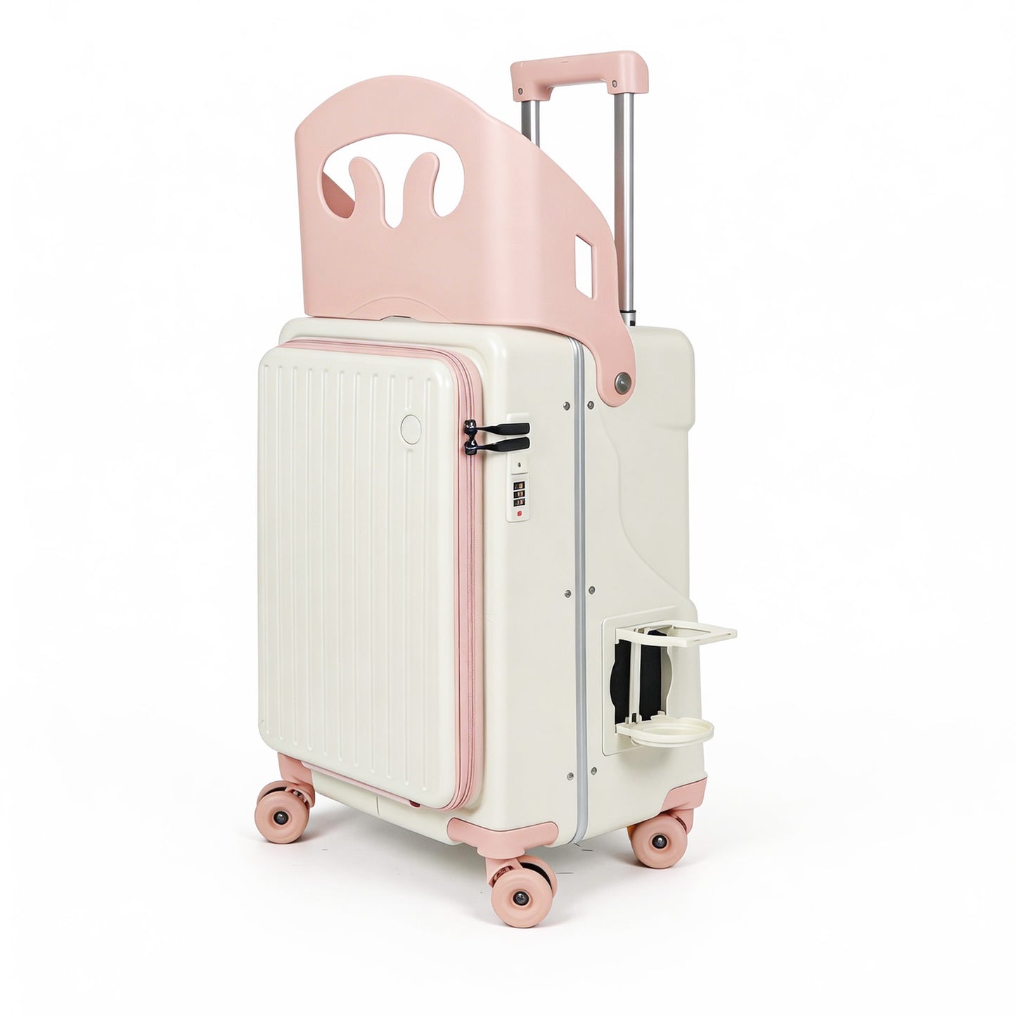 Ride On Suitcase for Kids 20 Inch Carry On, Stroller Luggage with Safety Belt & Front Opening, Hardside Spinner with Brake & Cup Holder, White & Sakura Pink