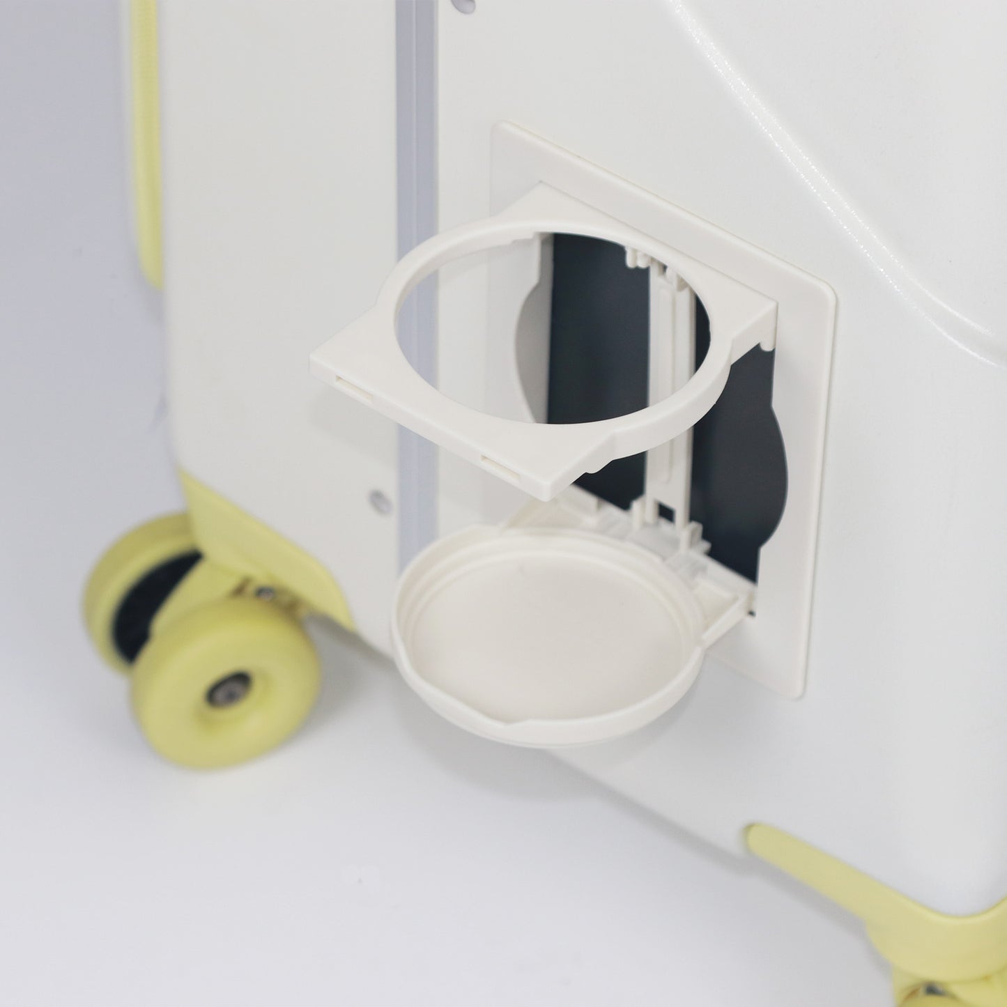 Ride On Suitcase for Kids 20 Inch Carry On, Stroller Luggage with Safety Belt & Front Opening, Hardside Spinner with Brake & Cup Holder, White & Milky Yellow