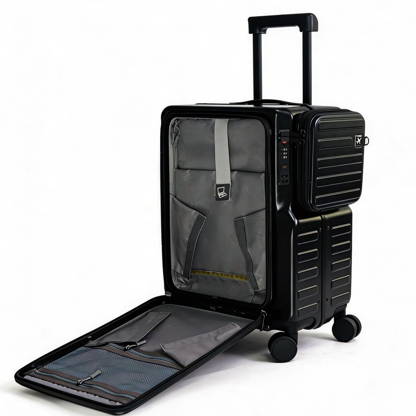 20" Carry On Luggage with Front Opening Laptop Compartment, Hardside Spinner Suitcase with Detachable Crossbody Bag, TSA Lock & Cup Holder - Professional Business Travel Bag, Black