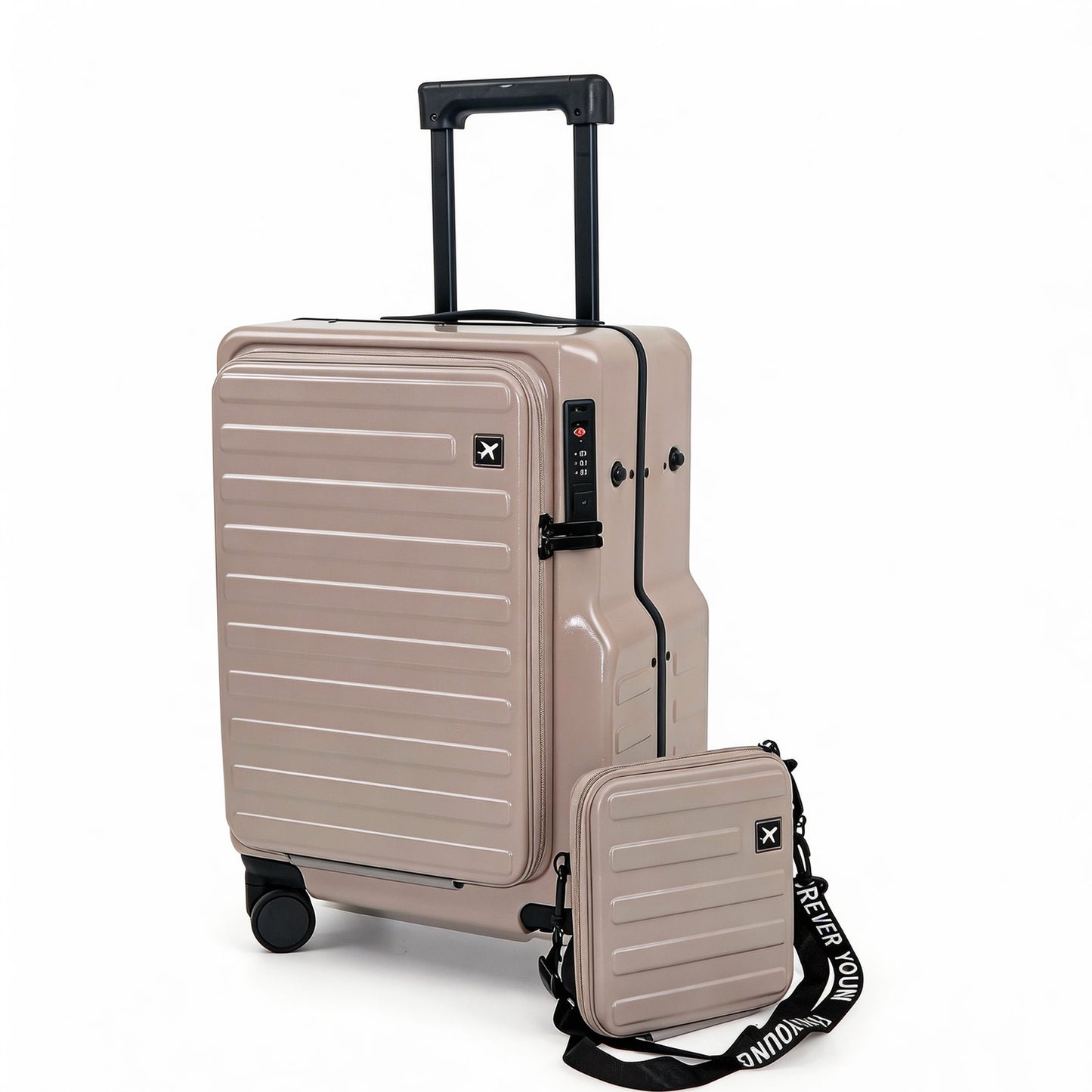 Carry On Luggage 20 Hardside Spinner Suitcase with Laptop Compartment, Front Open Design, Detachable Side Bag & Cup Holder, TSA Lock Business Travel Gear - Khaki
