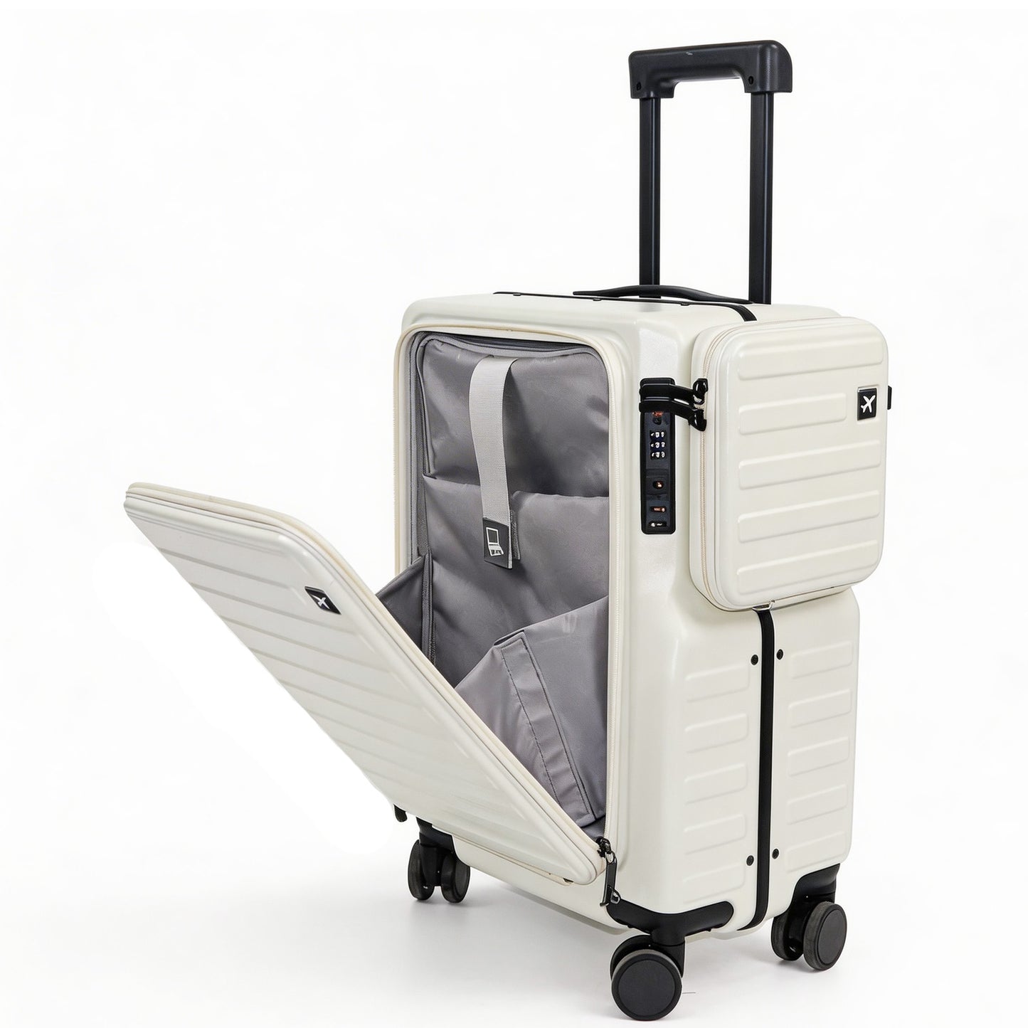 Luxury 20" Carry On Luggage with Front Opening Pocket, Hardside Spinner Suitcase with Detachable Bag, Cup Holder & Phone Stand, TSA Approved Travel Essentials - Off-White
