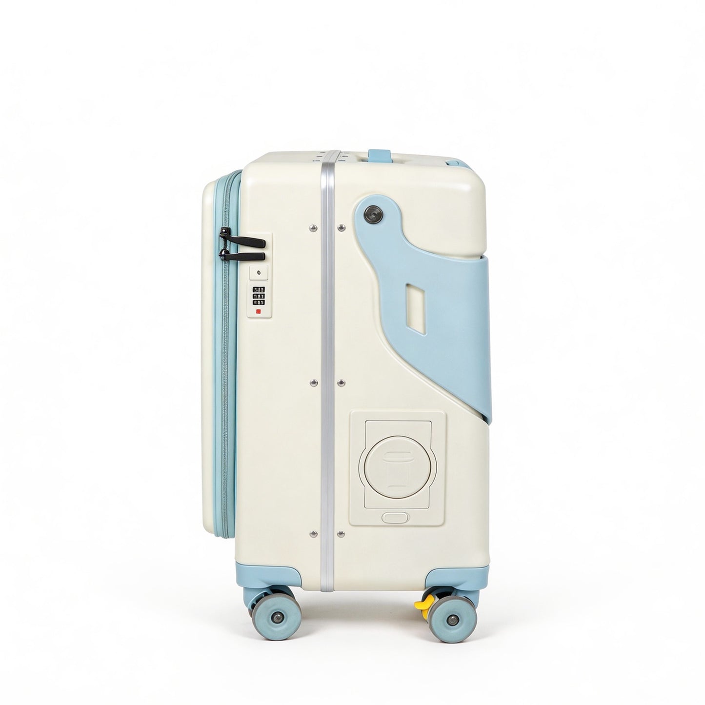 20" Carry On Ride-On Luggage for Toddlers, Hardside Stroller Suitcase with Front Pocket & Safety Belt, Brake Spinner Wheels, Cup Holder, White & Sky Blue