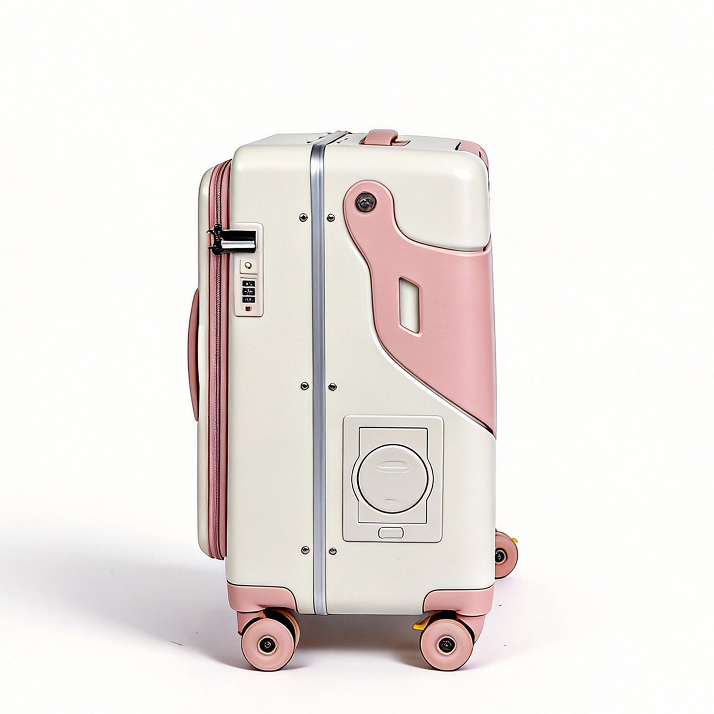 Ride On Suitcase for Kids 20 Inch Carry On, Stroller Luggage with Safety Belt & Front Opening, Hardside Spinner with Brake & Cup Holder, White & Sakura Pink