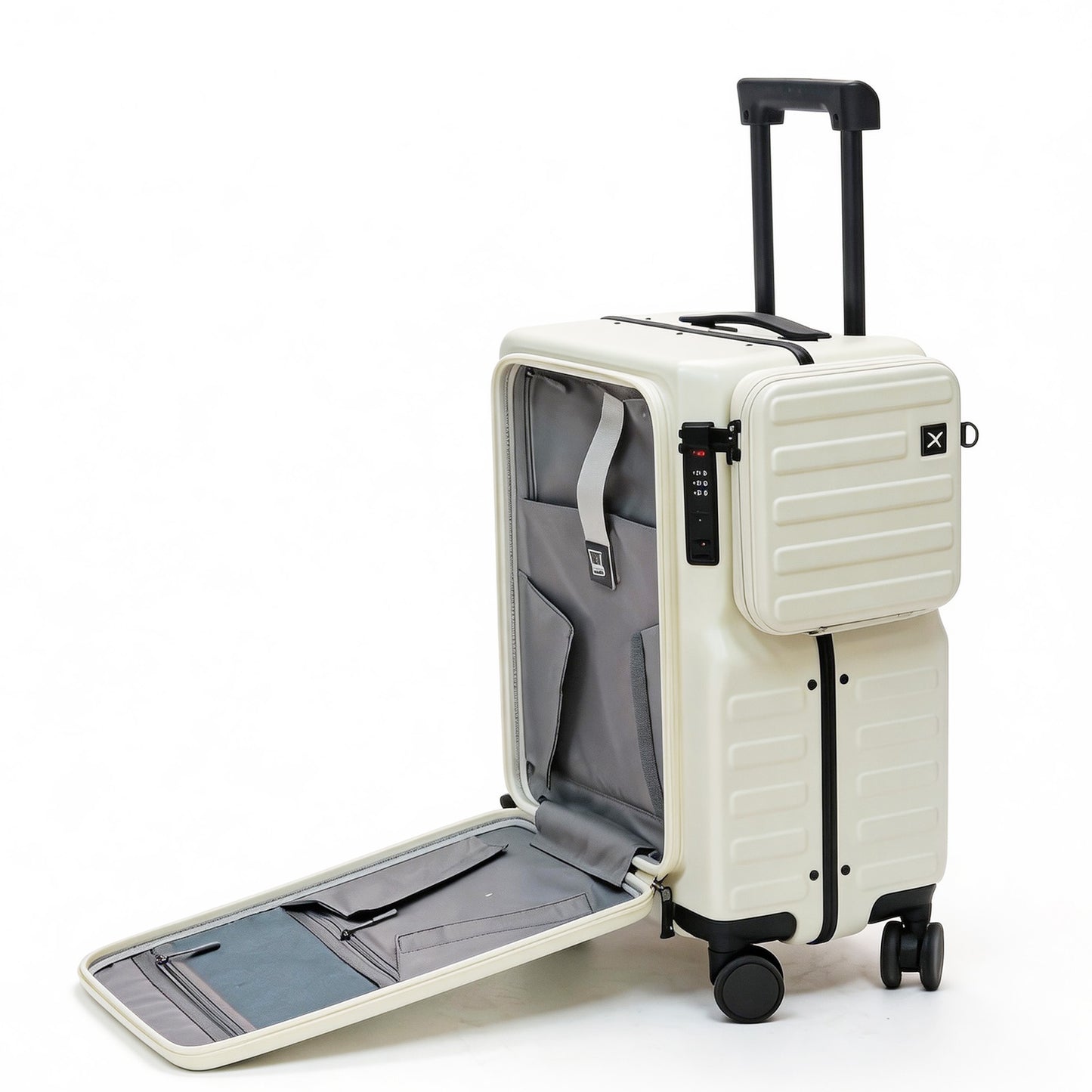 Luxury 20" Carry On Luggage with Front Opening Pocket, Hardside Spinner Suitcase with Detachable Bag, Cup Holder & Phone Stand, TSA Approved Travel Essentials - Off-White