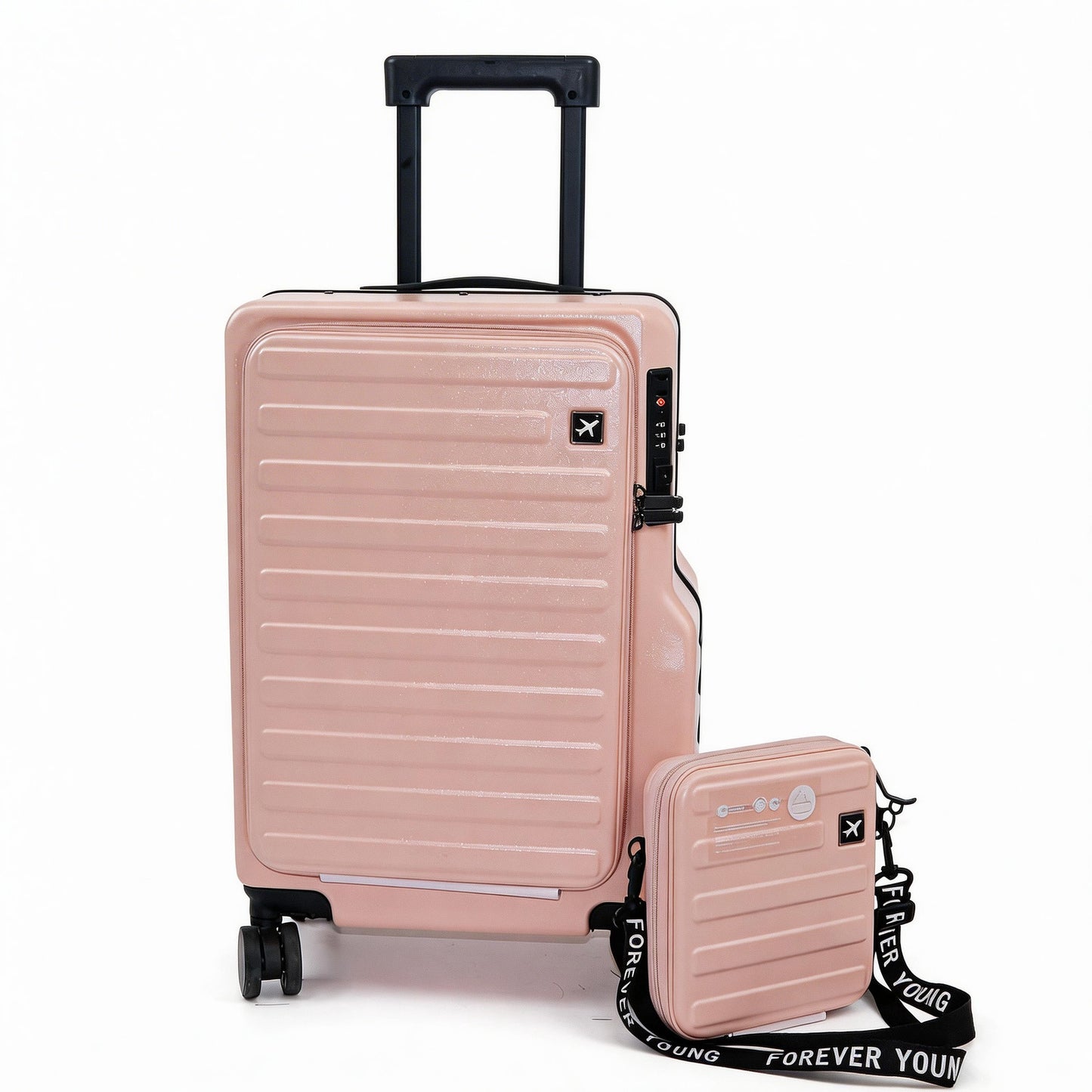 20" Hardshell Carry On Suitcase with Front Laptop Sleeve, Spinner Luggage with Removable Purse & Bottle Holder, TSA Lock, Fashionable Travel Bag for Women - Pink