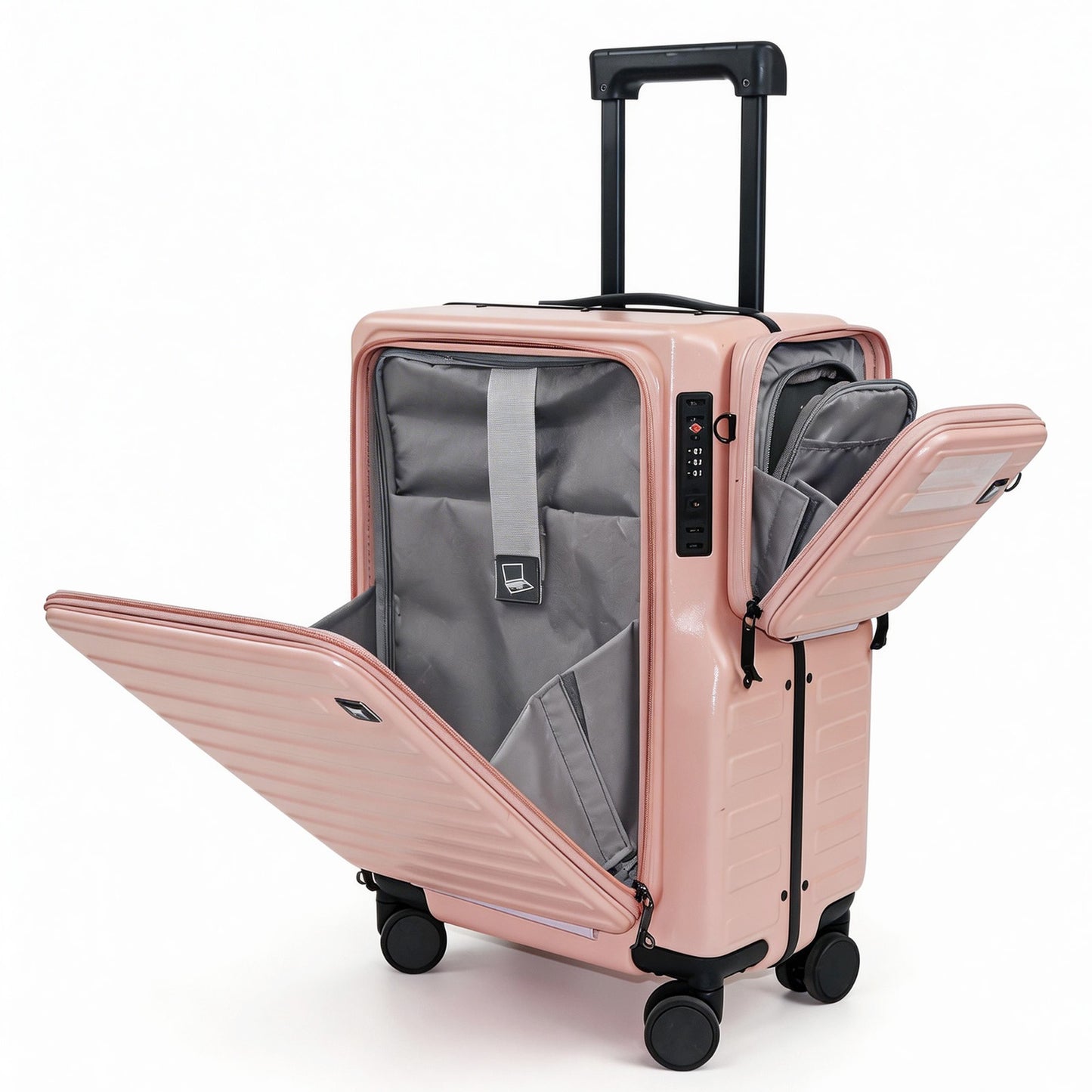 20" Hardshell Carry On Suitcase with Front Laptop Sleeve, Spinner Luggage with Removable Purse & Bottle Holder, TSA Lock, Fashionable Travel Bag for Women - Pink