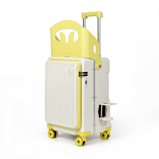 Ride On Suitcase for Kids 20 Inch Carry On, Stroller Luggage with Safety Belt & Front Opening, Hardside Spinner with Brake & Cup Holder, White & Milky Yellow