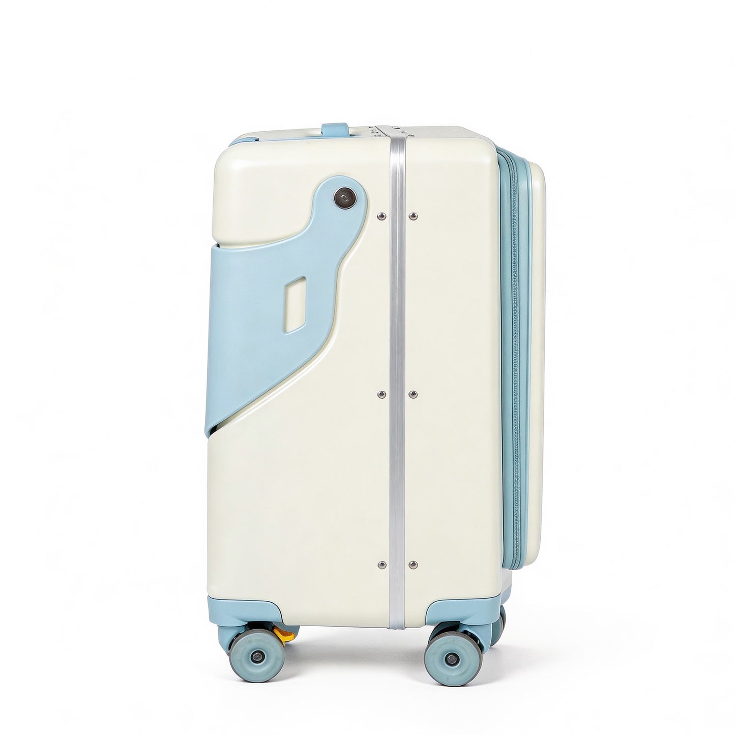 20" Carry On Ride-On Luggage for Toddlers, Hardside Stroller Suitcase with Front Pocket & Safety Belt, Brake Spinner Wheels, Cup Holder, White & Sky Blue