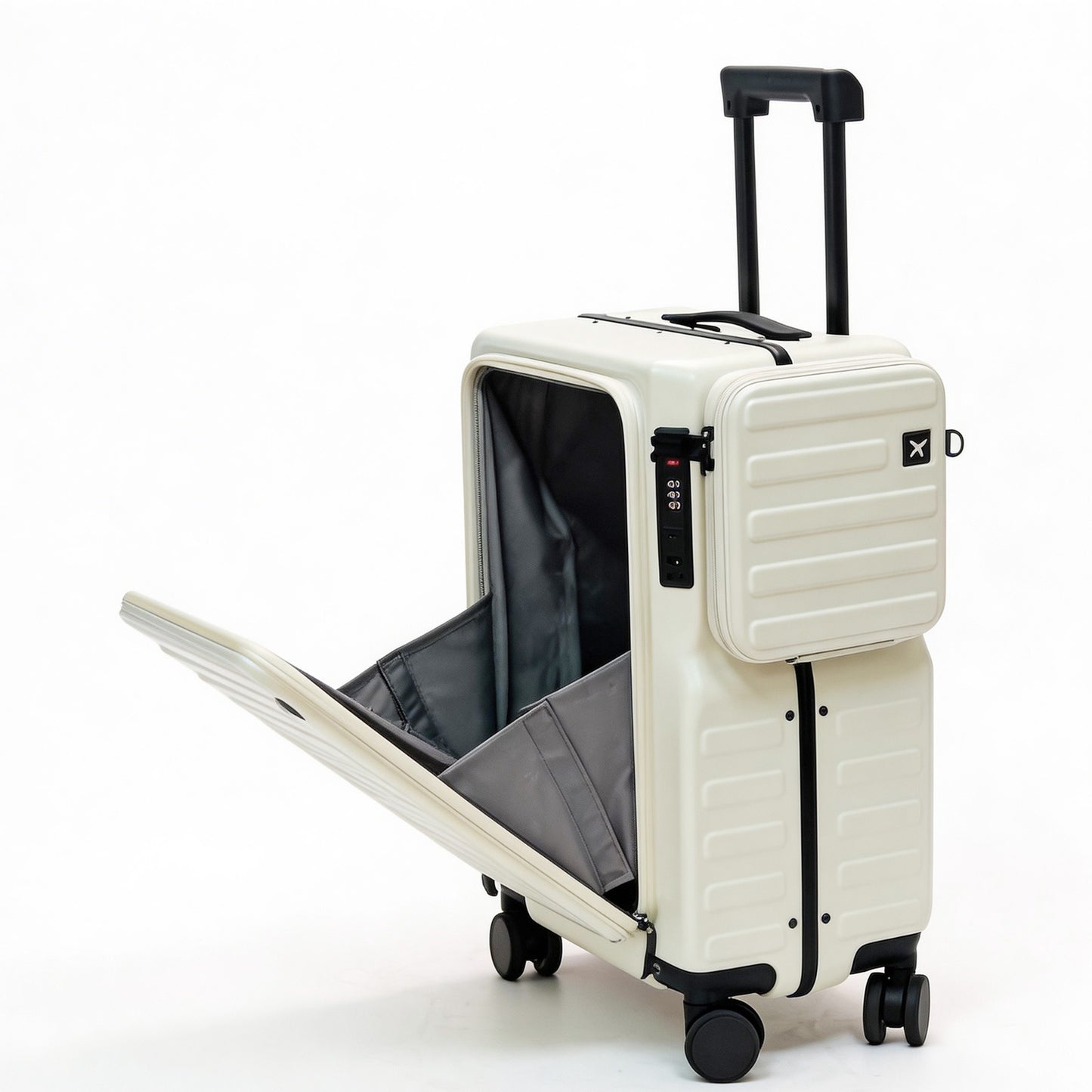 Luxury 20" Carry On Luggage with Front Opening Pocket, Hardside Spinner Suitcase with Detachable Bag, Cup Holder & Phone Stand, TSA Approved Travel Essentials - Off-White