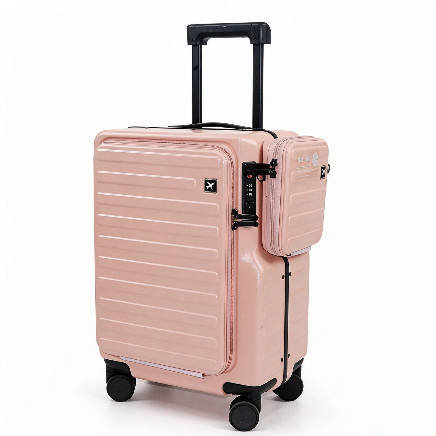 20" Hardshell Carry On Suitcase with Front Laptop Sleeve, Spinner Luggage with Removable Purse & Bottle Holder, TSA Lock, Fashionable Travel Bag for Women - Pink