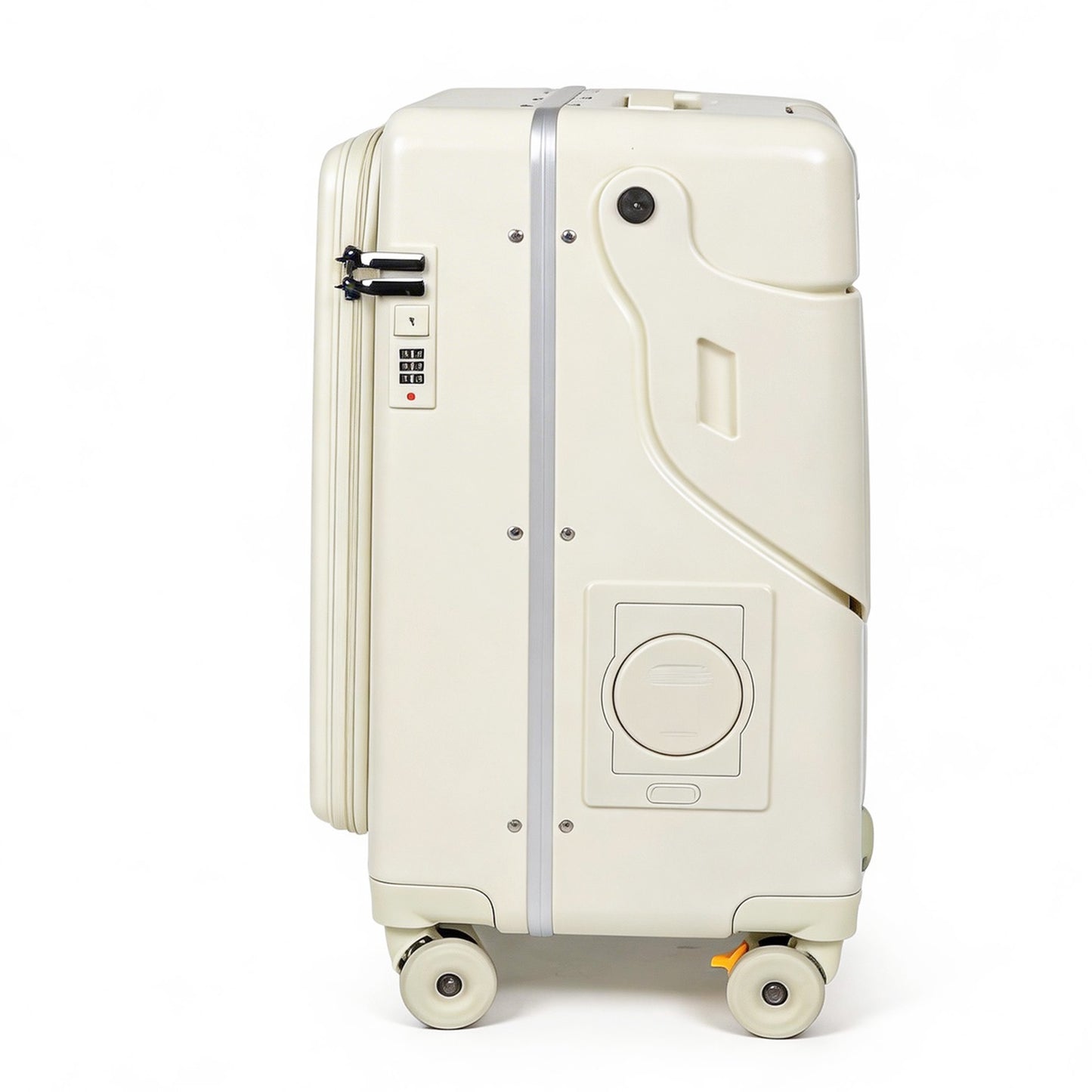 20" Ride On Carry On Luggage for Kids with Seat & Safety Belt, Hardside Spinner Stroller Suitcase with Front Opening, Cup Holder & Phone Stand, TSA Approved, Off-White