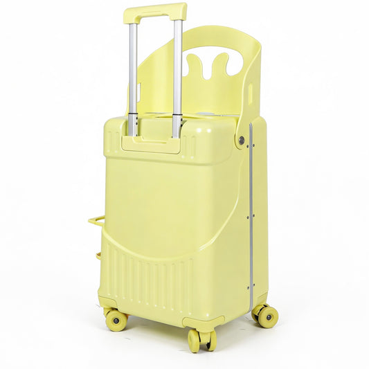 Kids Ride-On Suitcase 20 Inch Carry On, Hardshell Stroller Luggage with Brake Wheels, Front Opening Compartment & Foldable Cup Holder, Travel Gear for Toddlers, Milky Yellow
