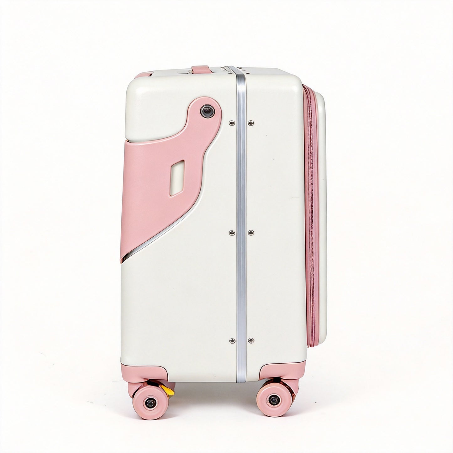 Ride On Suitcase for Kids 20 Inch Carry On, Stroller Luggage with Safety Belt & Front Opening, Hardside Spinner with Brake & Cup Holder, White & Sakura Pink