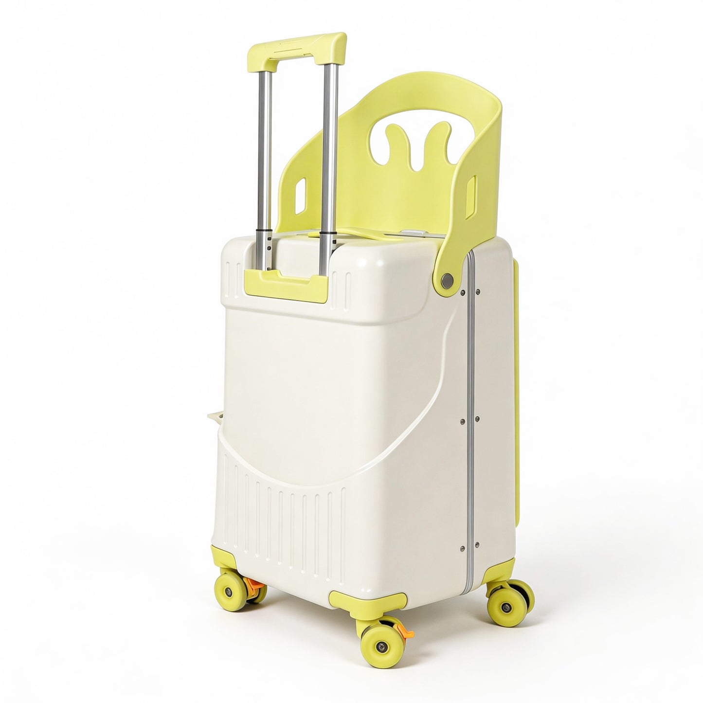 Ride On Suitcase for Kids 20 Inch Carry On, Stroller Luggage with Safety Belt & Front Opening, Hardside Spinner with Brake & Cup Holder, White & Milky Yellow