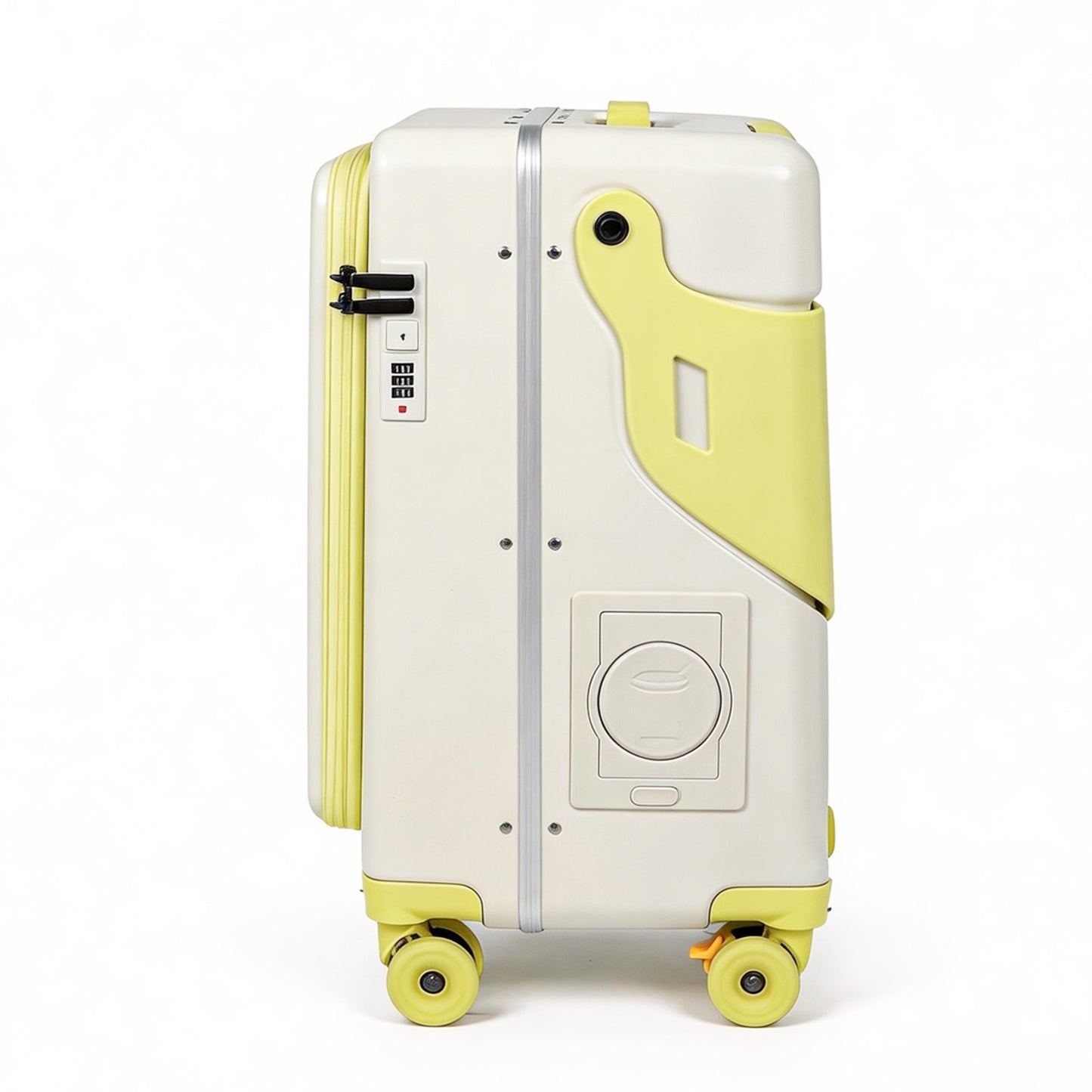 Ride On Suitcase for Kids 20 Inch Carry On, Stroller Luggage with Safety Belt & Front Opening, Hardside Spinner with Brake & Cup Holder, White & Milky Yellow