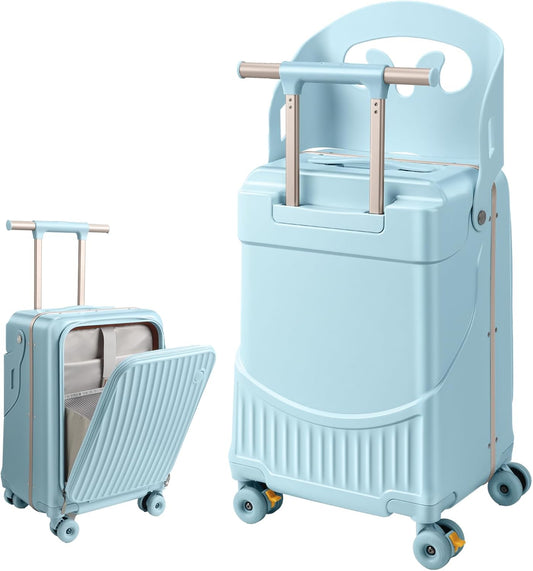 MAITUD Ride On Luggage for Kids with Foldable Seat & Backrest, 20 Inch Carry On Suitcase for Toddlers, Hardshell Travel Trolley with Front Opening & Spinner Wheels, TSA Lock