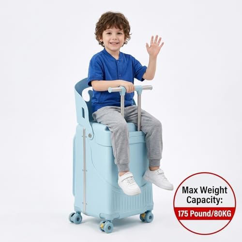 MAITUD Ride On Luggage for Kids with Foldable Seat & Backrest, 20 Inch Carry On Suitcase for Toddlers, Hardshell Travel Trolley with Front Opening & Spinner Wheels, TSA Lock