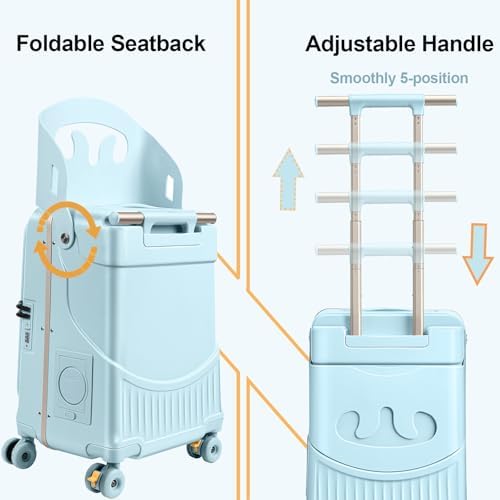 MAITUD Ride On Luggage for Kids with Foldable Seat & Backrest, 20 Inch Carry On Suitcase for Toddlers, Hardshell Travel Trolley with Front Opening & Spinner Wheels, TSA Lock