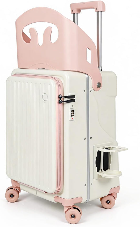 Ride-on Carry-on Suitcase with Foldable Backrest for Kids & Adults, TSA Lock, Cup Holder – Versatile Travel Gear for Family